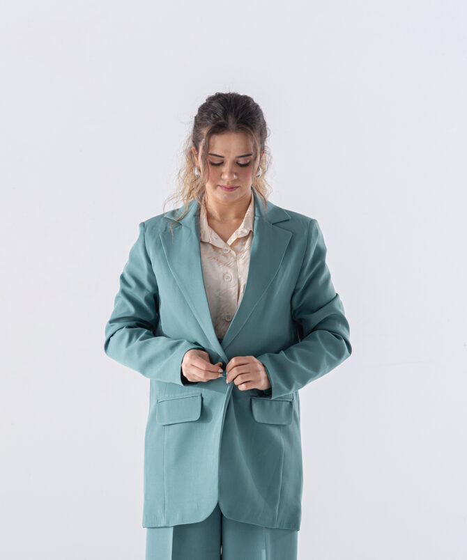 Atlas Kumaş Oversize Ceket ve Palazzo Pantolon Takım - Mint Yeşili - Görsel 2