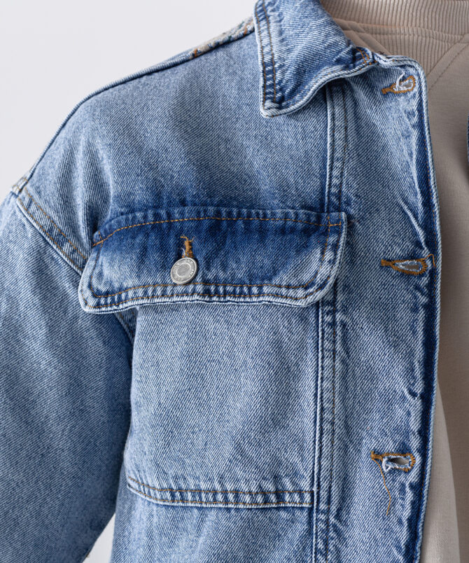 Denim Kumaş Sırtı Nakışlı Kot Ceket - Mavi - Görsel 5