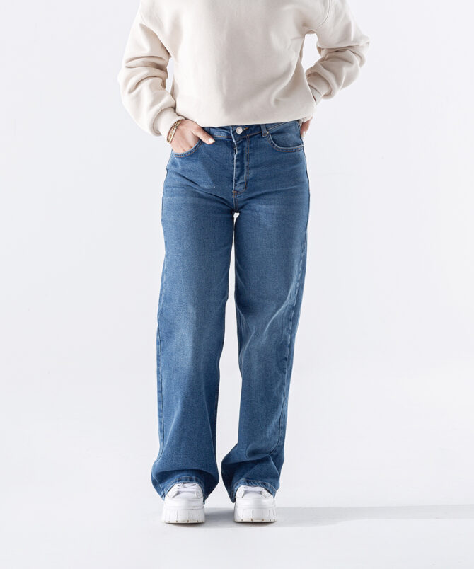 Denim Kumaş Wide Leg Kot Pantolon - Mavi - Görsel 2