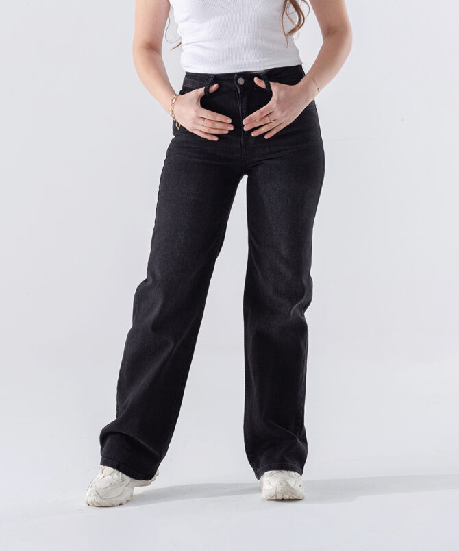Denim Kumaş Wide Leg Kot Pantolon - Siyah - Görsel 2