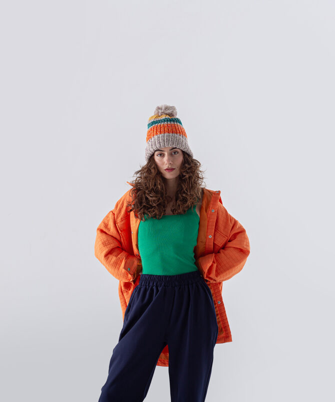 Jakar Kumaş Küçük Kare Desen Oversize Gömlek – Oranj - Görsel 2