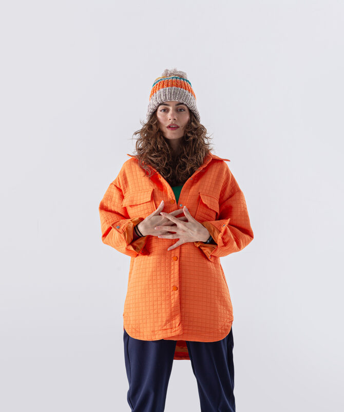 Jakar Kumaş Küçük Kare Desen Oversize Gömlek – Oranj