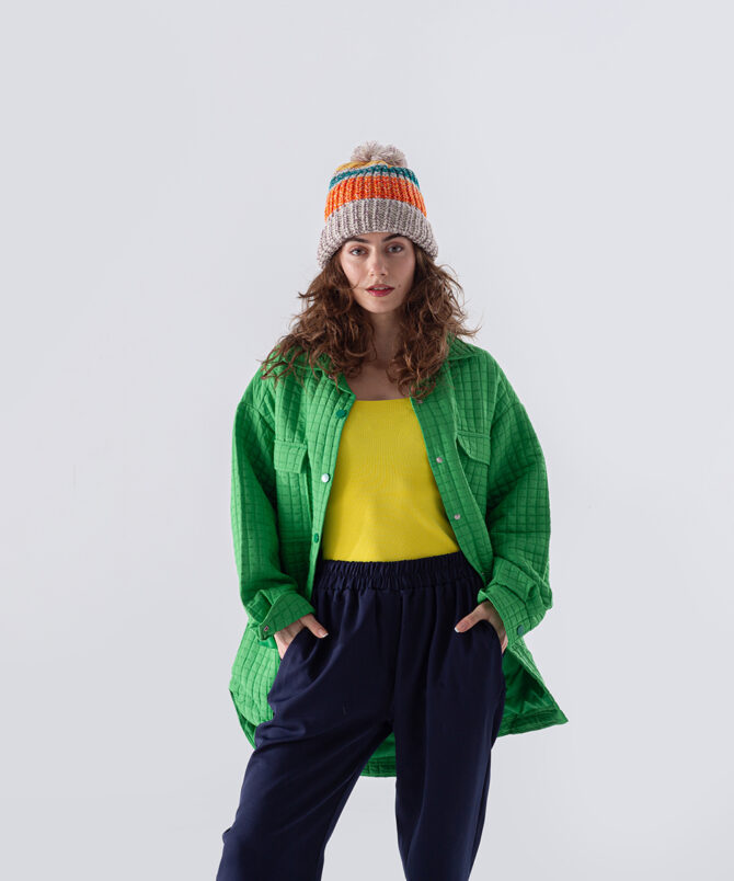 Jakar Kumaş Küçük Kare Desen Oversize Gömlek – Yeşil