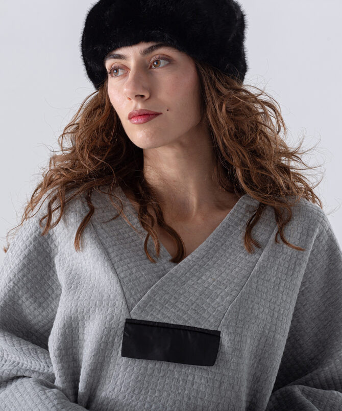 Petek Kumaş Garnili Oversize Sweatshirt - Gri - Görsel 2
