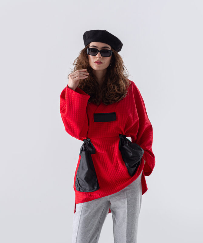 Petek Kumaş Garnili Oversize Sweatshirt – Kırmızı