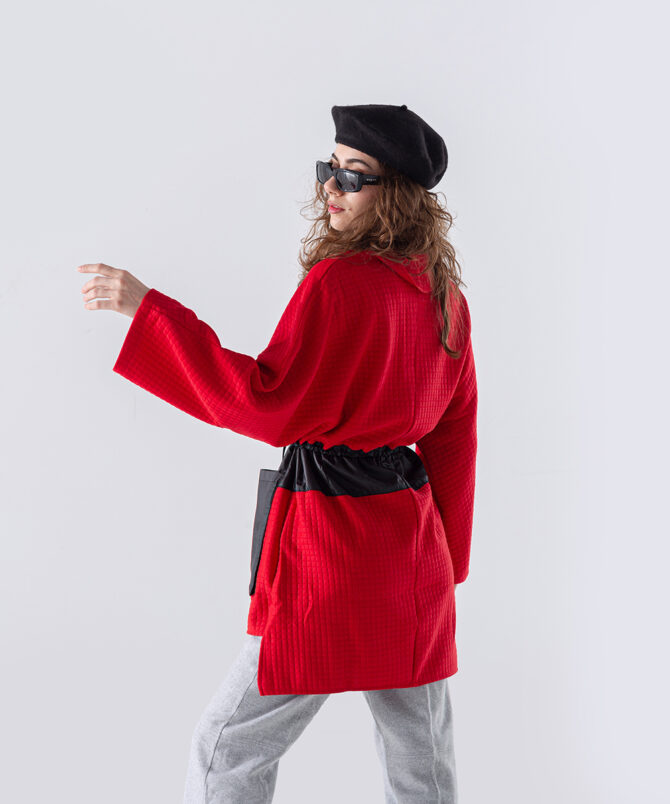 Petek Kumaş Garnili Oversize Sweatshirt – Kırmızı - Görsel 2