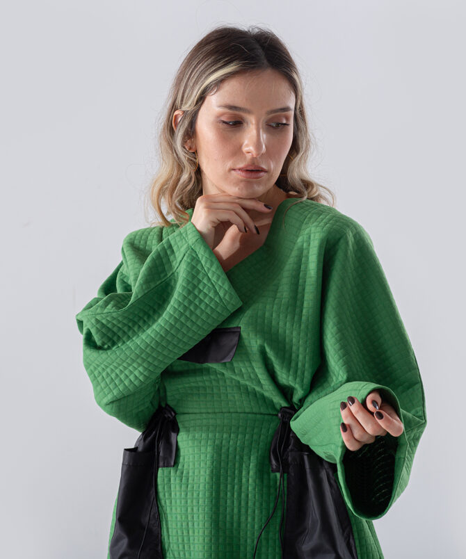Petek Kumaş Garnili Oversize Sweatshirt – Yeşil - Görsel 2