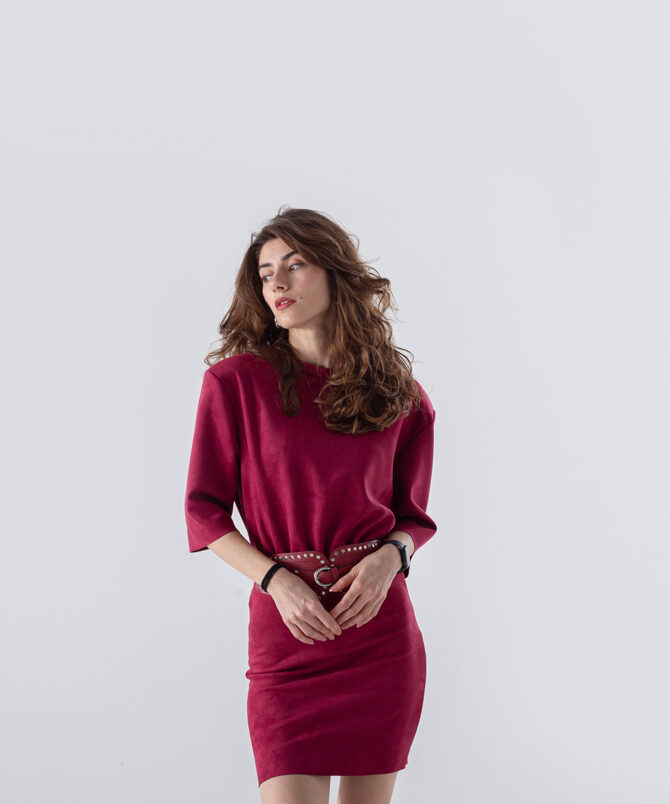 Süet Kumaş Kemerli Elbise - Bordo