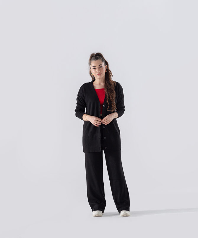 Triko Kumaş Düz Hırkalı Takım - Siyah