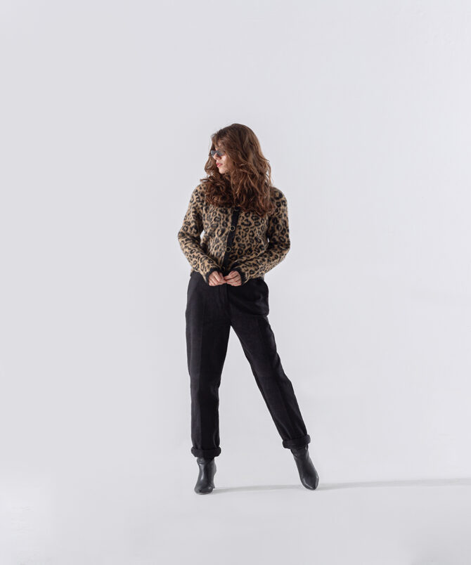 Triko Kumaş Leopar Desen Hırka - Kahverengi