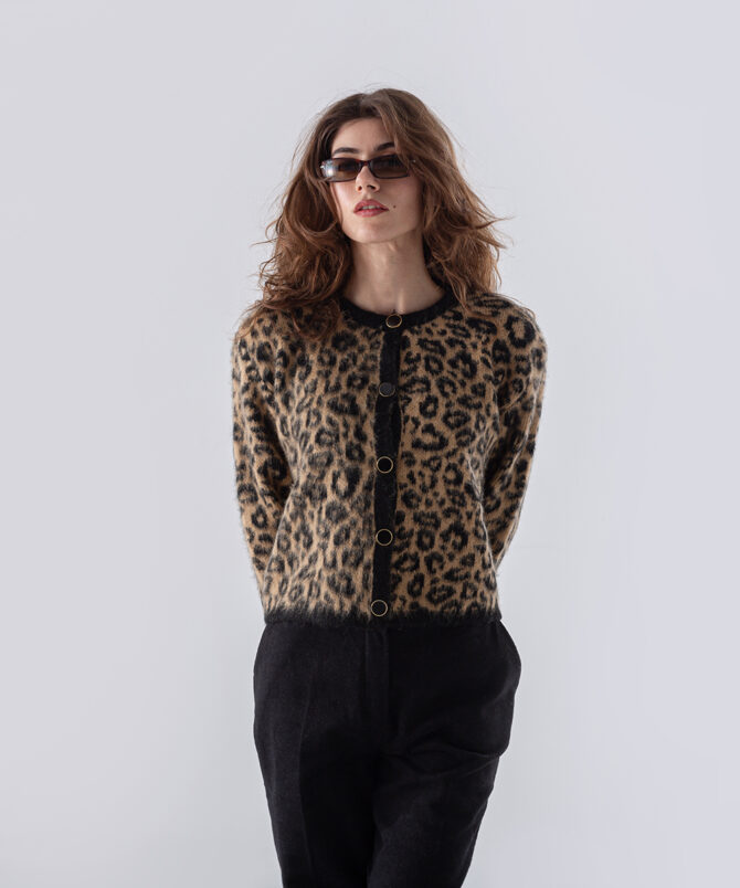 Triko Kumaş Leopar Desen Hırka - Kahverengi - Görsel 2