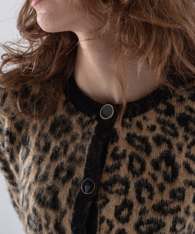 Triko Kumaş Leopar Desen Hırka - Kahverengi - Görsel 3