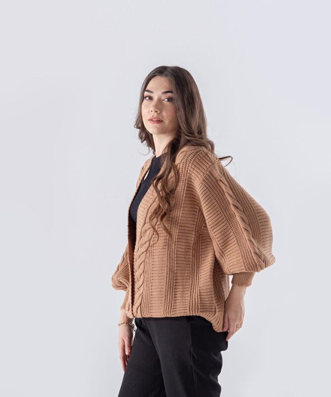 Triko Kumaş Örgü Detaylı Hırka - Taba - Görsel 2