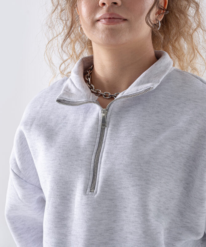Üç İplik Dik Yaka Yarım Fermuarlı Sweatshirt - Açık Gri - Görsel 3
