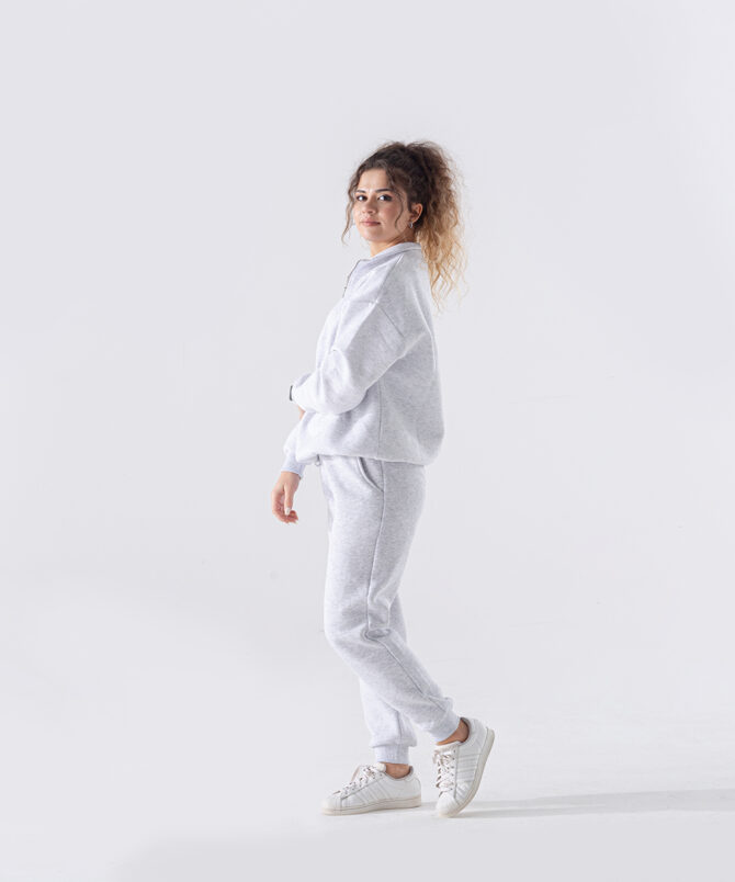Üç İplik Dik Yaka Yarım Fermuarlı Sweatshirt - Açık Gri