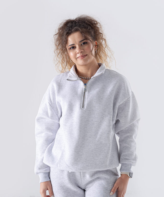 Üç İplik Dik Yaka Yarım Fermuarlı Sweatshirt - Açık Gri - Görsel 2