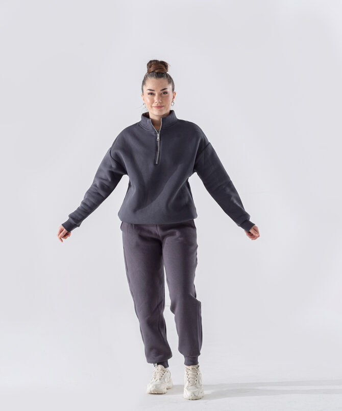 Üç İplik Dik Yaka Yarım Fermuarlı Sweatshirt - Antrasit
