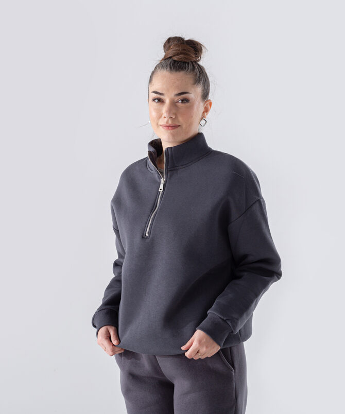 Üç İplik Dik Yaka Yarım Fermuarlı Sweatshirt - Antrasit - Görsel 2