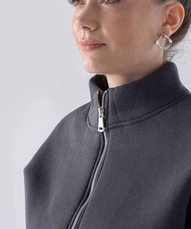 Üç İplik Dik Yaka Yarım Fermuarlı Sweatshirt - Antrasit - Görsel 3