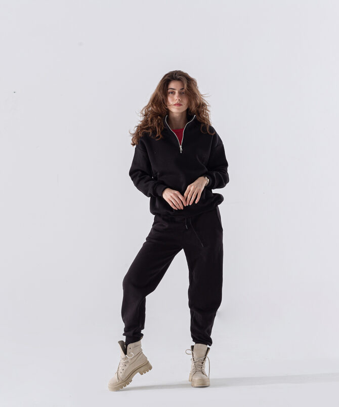 Üç İplik Dik Yaka Yarım Fermuarlı Sweatshirt - Siyah