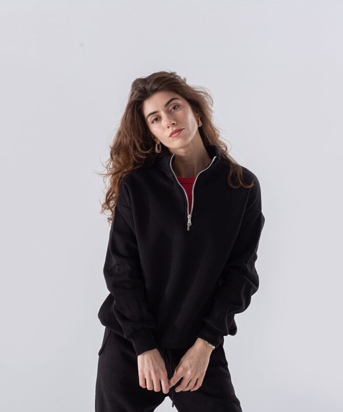 Üç İplik Dik Yaka Yarım Fermuarlı Sweatshirt - Siyah - Görsel 2
