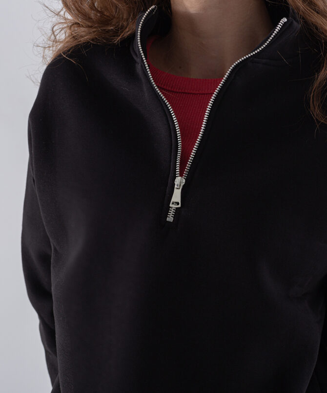 Üç İplik Dik Yaka Yarım Fermuarlı Sweatshirt - Siyah - Görsel 3