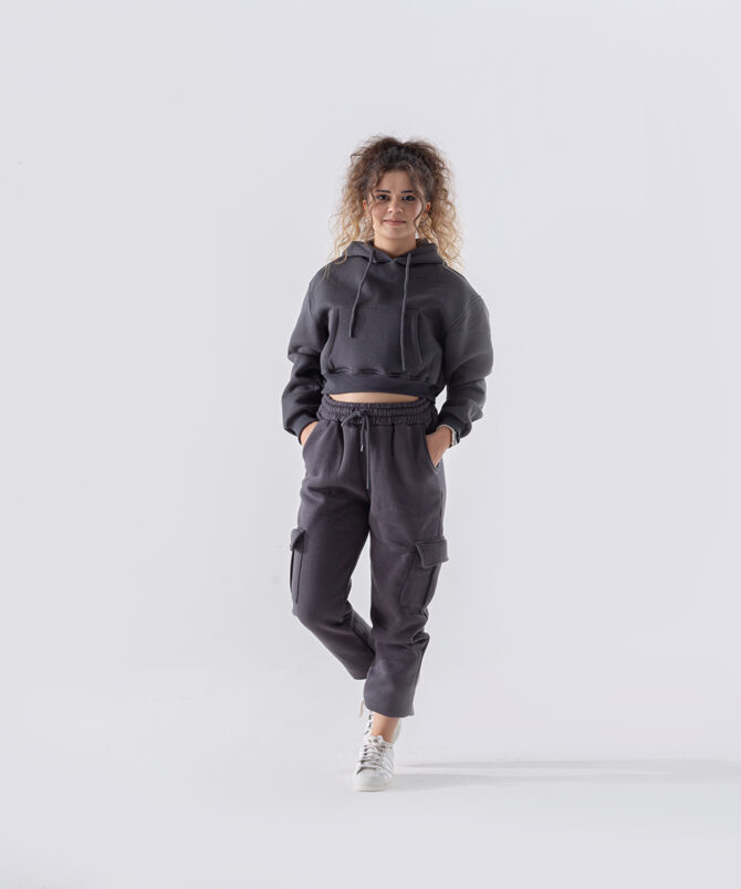 Üç İplik Kumaş Kapüşonlu Crop Sweatshirt - Antrasit
