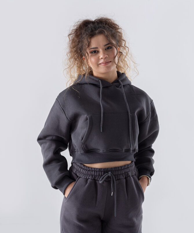 Üç İplik Kumaş Kapüşonlu Crop Sweatshirt - Antrasit - Görsel 2