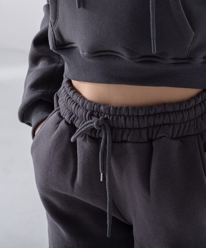 Üç İplik Kumaş Kapüşonlu Crop Sweatshirt - Antrasit - Görsel 4