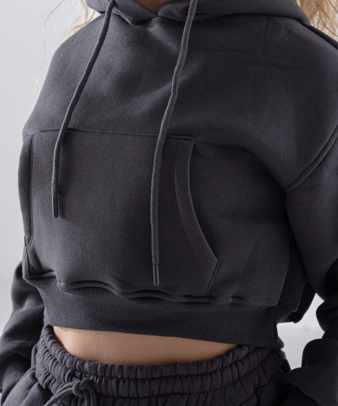 Üç İplik Kumaş Kapüşonlu Crop Sweatshirt - Antrasit - Görsel 3