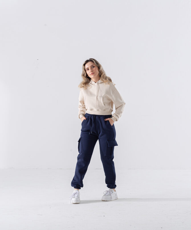 Üç İplik Kumaş Kapüşonlu Crop Sweatshirt - Bej