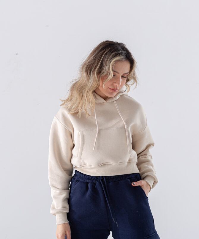 Üç İplik Kumaş Kapüşonlu Crop Sweatshirt - Bej - Görsel 2