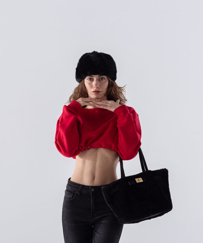 Örme Kumaş Bisiklet Yaka Beli Büzgülü Crop Sweatshirt - Kırmızı