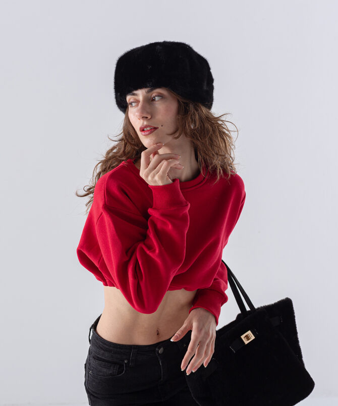Örme Kumaş Bisiklet Yaka Beli Büzgülü Crop Sweatshirt - Kırmızı - Görsel 2