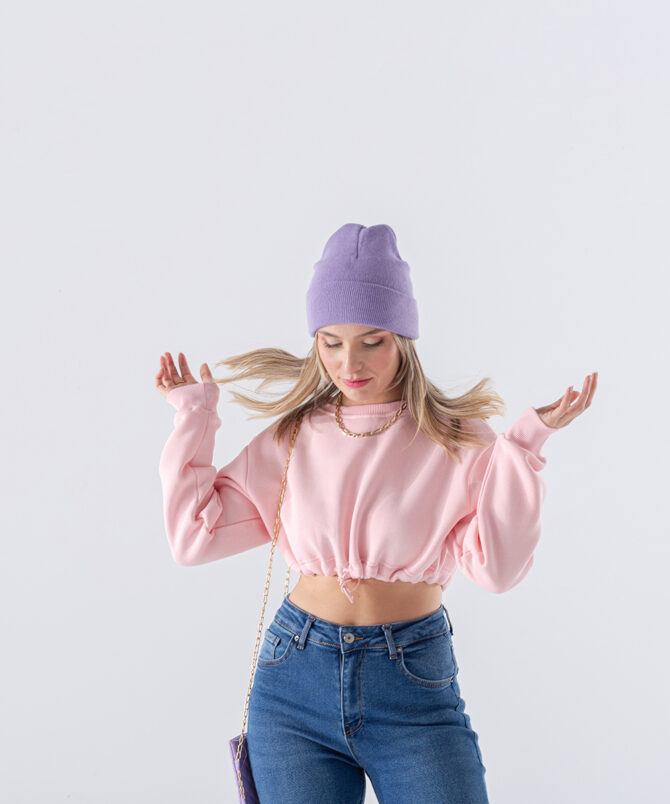 Örme Kumaş Bisiklet Yaka Beli Büzgülü Crop Sweatshirt - Pudra