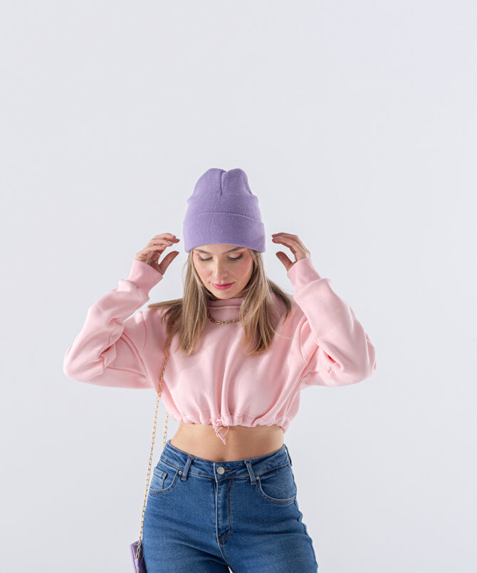 Örme Kumaş Bisiklet Yaka Beli Büzgülü Crop Sweatshirt - Pudra - Görsel 2