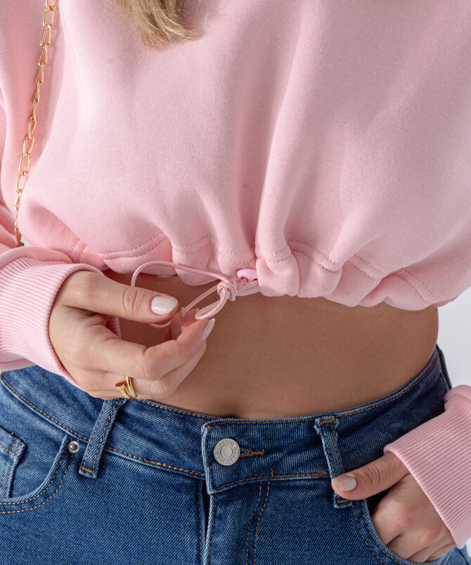 Örme Kumaş Bisiklet Yaka Beli Büzgülü Crop Sweatshirt - Pudra - Görsel 4