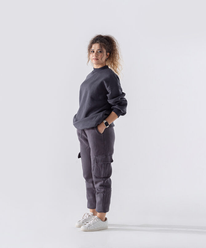 Üç İplik Dik Yaka Uzun Basıc Sweatshirt - Antrasit