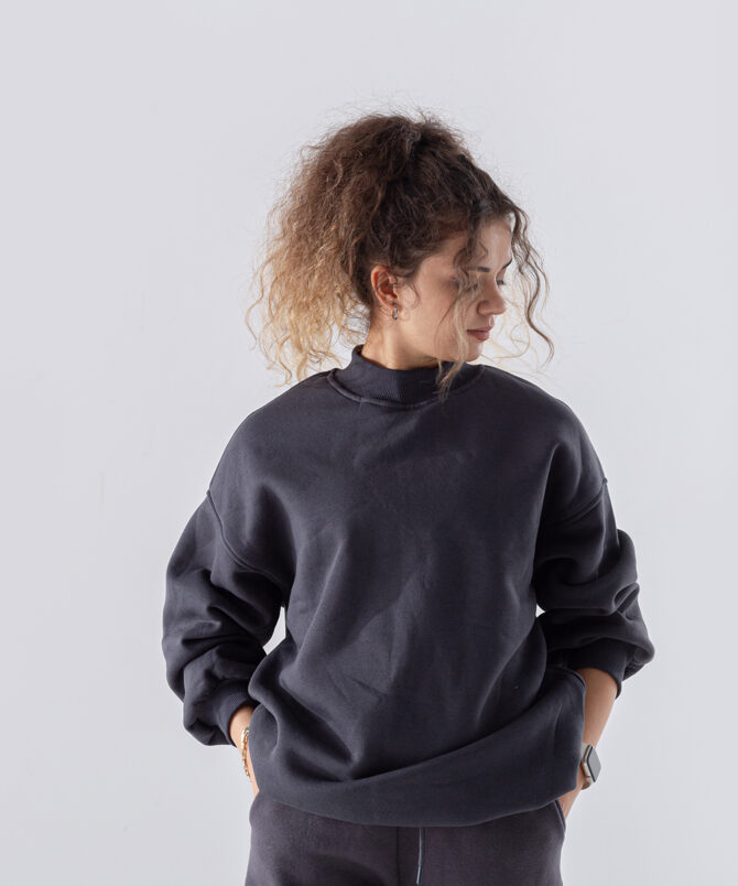 Üç İplik Dik Yaka Uzun Basıc Sweatshirt - Antrasit - Görsel 2