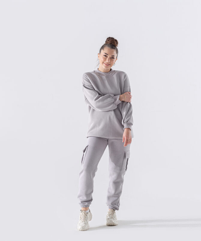 Üç İplik Dik Yaka Uzun Basıc Sweatshirt – Gri