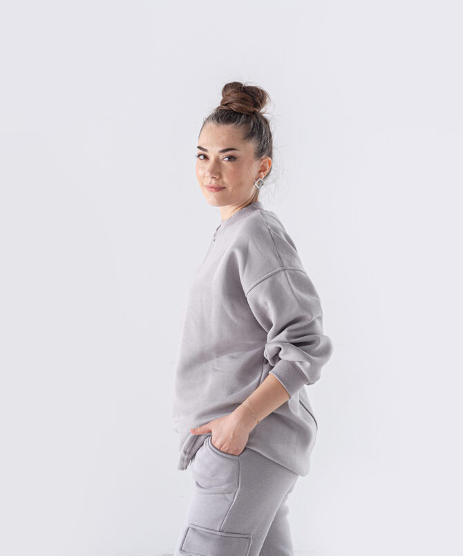 Üç İplik Dik Yaka Uzun Basıc Sweatshirt – Gri - Görsel 2