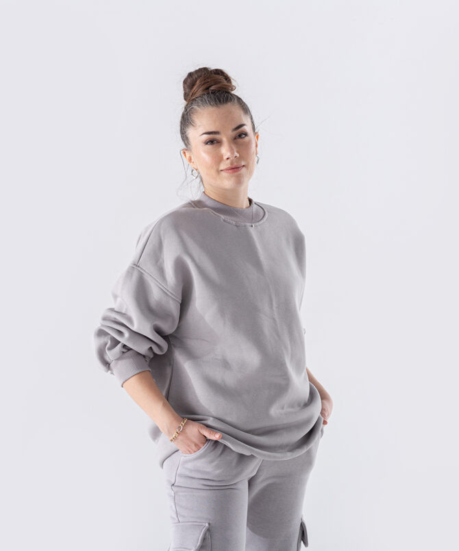 Üç İplik Dik Yaka Uzun Basıc Sweatshirt – Gri - Görsel 3