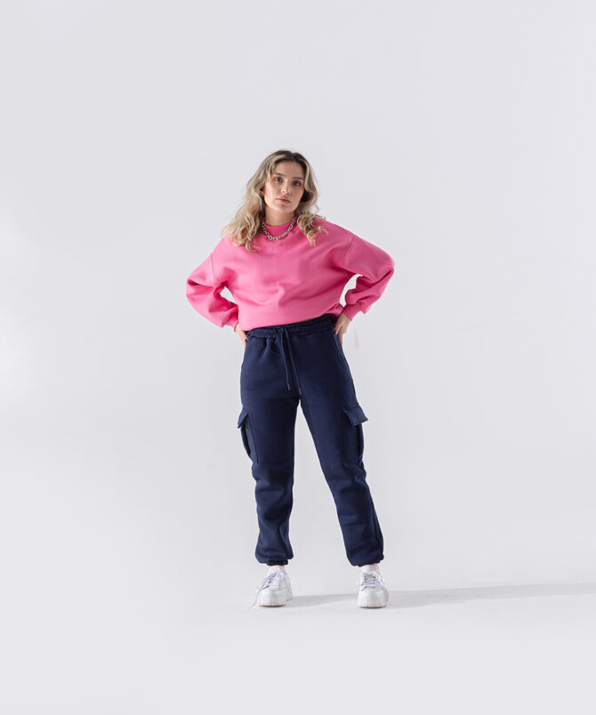 Üç İplik Dik Yaka Uzun Basıc Sweatshirt – Pembe