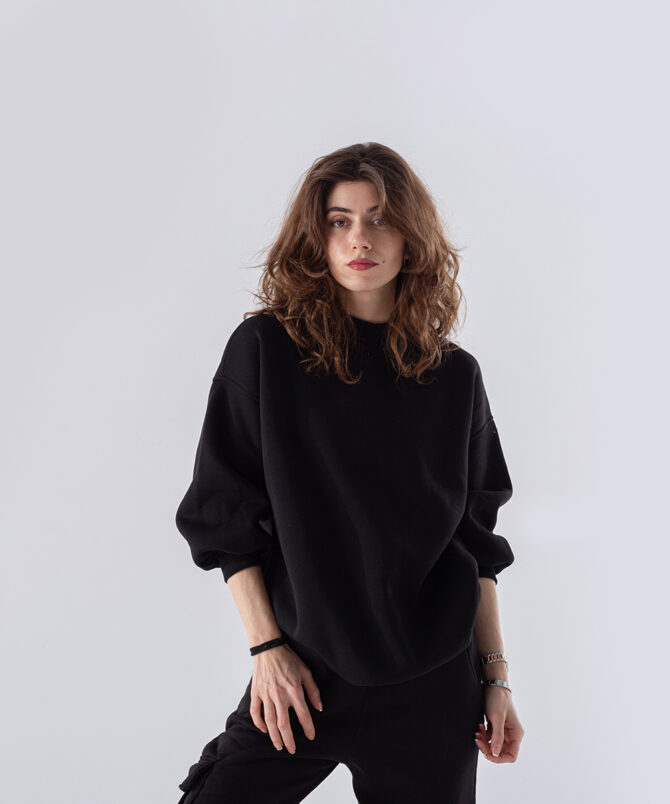 Üç İplik Dik Yaka Uzun Basıc Sweatshirt – Siyah - Görsel 2