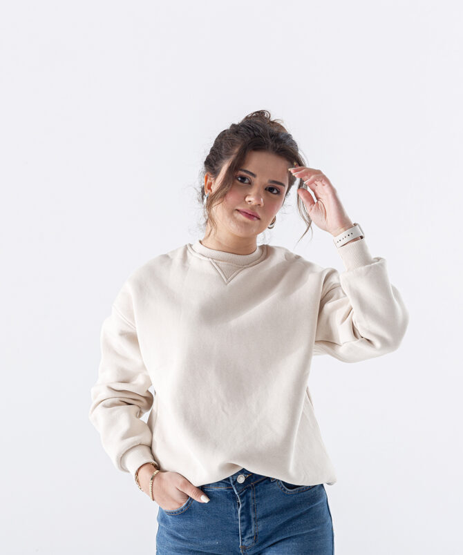 Üç İplik Karyokalı Sıfır Yaka Sweatshirt - Bej - Görsel 2