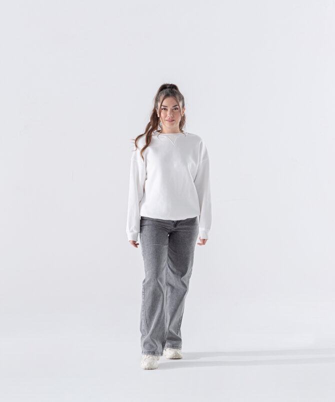 Üç İplik Karyokalı Sıfır Yaka Sweatshirt - Beyaz