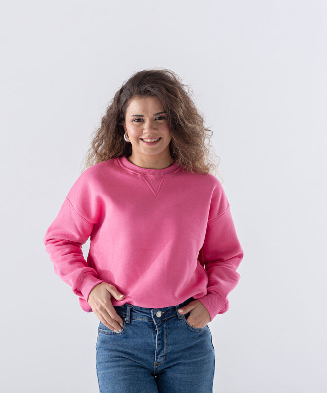 Üç İplik Karyokalı Sıfır Yaka Sweatshirt - Pembe - Görsel 2