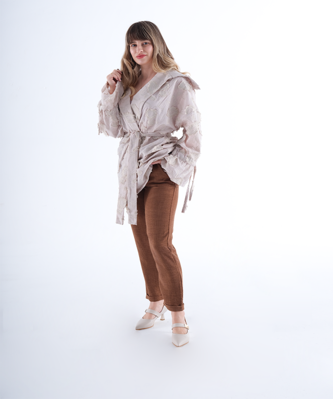Sofia Keten Duble Paça Pantolon - Kahverengi - Görsel 2