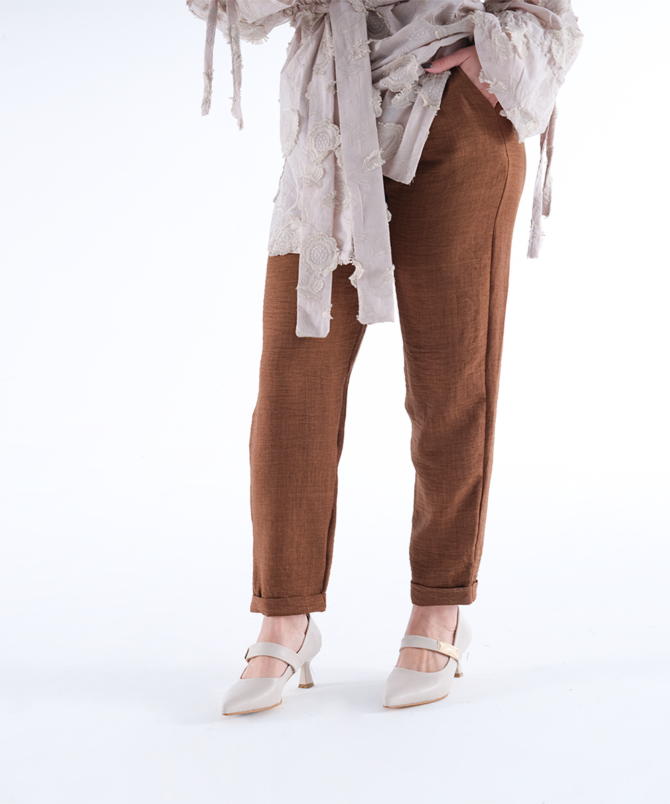 Sofia Keten Duble Paça Pantolon - Kahverengi - Görsel 4