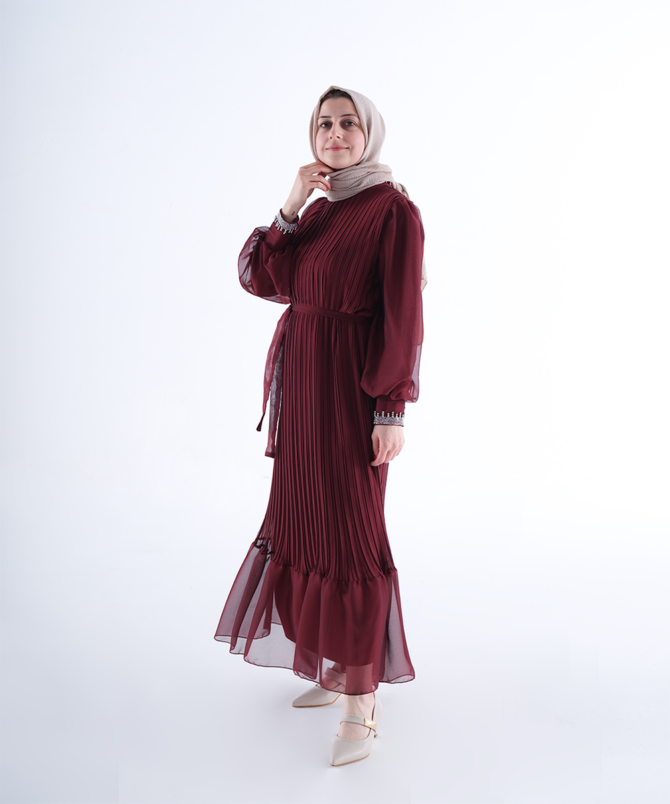 Pilise Detay Elbise - Bordo